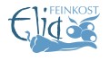 Blaues Logo mit den Schriftzügen „Eliá“ und „FEINKOST“, Olivenzweig mit drei Oliven sowie angedeutete Hand daneben.