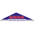 Logo mit blauem Dach und rotem Schriftzug ANNA, darunter steht „Griechische Spezialitäten“ in weißer Schrift auf blauem Hintergrund.