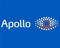Weißer Schriftzug „Apollo“ und ein stilisiertes Auge aus orange-weißen Punkten auf blauem Hintergrund.