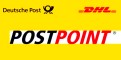 Gelber Hintergrund mit Logos der Deutschen Post und DHL, darunter steht in schwarz-roten Buchstaben das Wort POSTPOINT auf weißem Streifen.