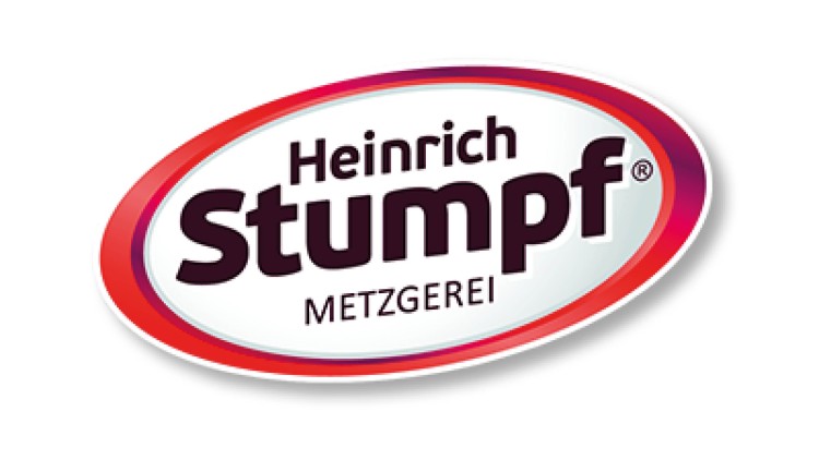 Ovales Logo mit rotem Rand und dunkelrotem Text „Heinrich Stumpf METZGEREI“ auf weißem Hintergrund.