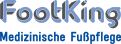 Der Schriftzug „FootKing“ in Blau und Grau steht oberhalb des Textes „Medizinische Fußpflege“ in blauer Schrift auf weißem Hintergrund.