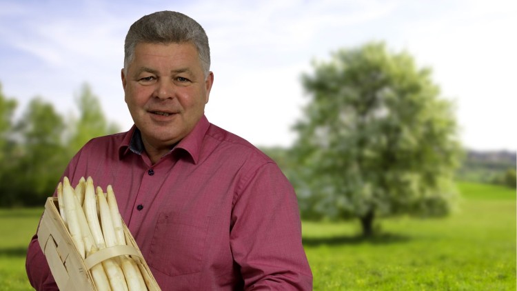 Person hält eine Holzkiste mit weißem Spargel, im Hintergrund eine grüne Wiese mit Bäumen und hellem Himmel.