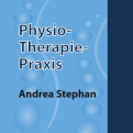 Blauer Hintergrund mit hellen Kreisen, Text in weiß: „Physio-Therapie-Praxis“, Name in schwarz: „Andrea Stephan“.