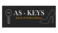 Schwarzer Hintergrund mit weißem Schriftzug „AS - KEYS“, gelbem Text „Schuh- & Schlüsseldienst“, Schlüssel und Schuh-Symbol.