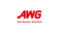 Roter Schriftzug „AWG“ mit dem Slogan „Alle Werden Glücklich“ darunter auf weißem Hintergrund.
