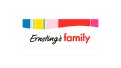 Logo von Ernsting's family mit farbigen Streifen in Blau, Gelb, Grün, Rosa und Rot, darunter Schriftzug in Schwarz und Rot.