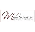 Weißes Logo mit braunem Schriftzug „Mein Schuster Schuhreparatur & Schlüsselservice“ in geschwungener und gerader Schrift.