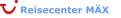 Rotes Symbol mit gebogenem Strich und Punkt links neben dem blauen Schriftzug „Reisecenter MÄX“.
