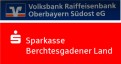 Oben blaues Logo der Volksbank Raiffeisenbank Oberbayern Südost eG, unten rotes Logo der Sparkasse Berchtesgadener Land.