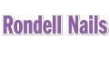 Lila Schrift „Rondell Nails“ mit weißem Rand auf weißem Hintergrund.
