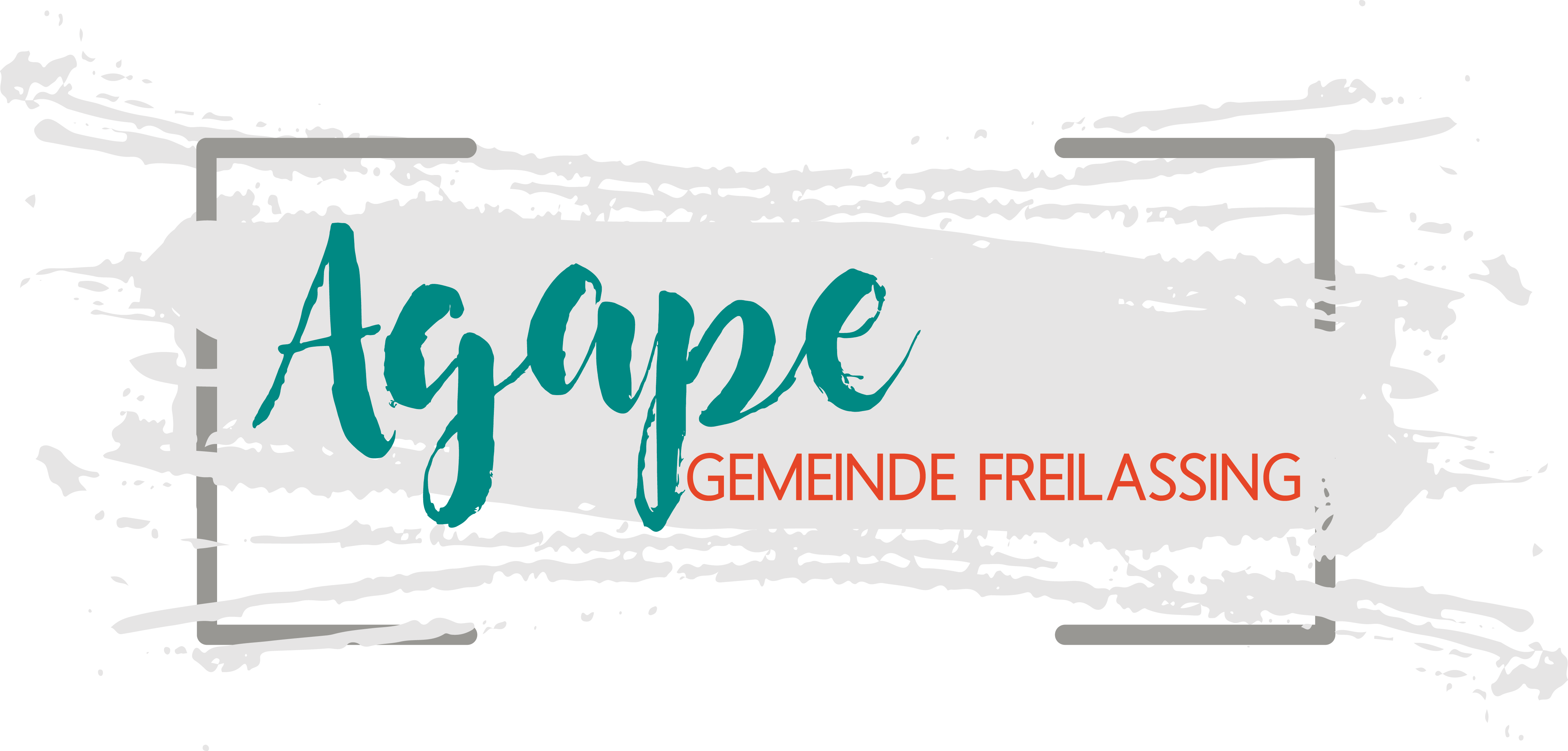 Schriftzug „Agape Gemeinde Freilassing“ in türkis und orange, umrahmt von grauen Linien mit weißen Pinselstrichen im Hintergrund.