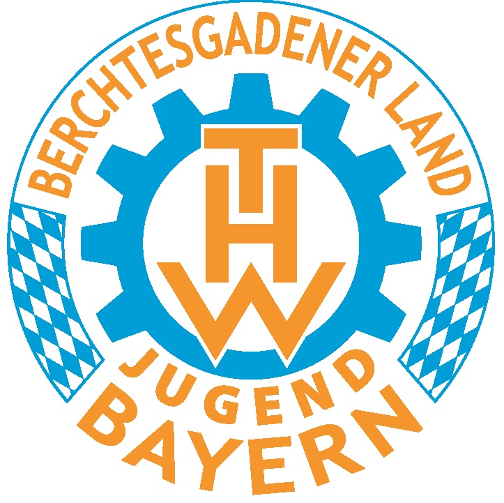 Rundes Logo mit blauem Zahnrad, Schriftzug THW und gelben Buchstaben, umgeben von Berchtesgadener Land Jugend Bayern.