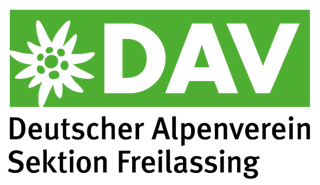 Das Logo zeigt „DAV Deutscher Alpenverein Sektion Freilassing“ mit grünem Hintergrund und einer stilisierten weißen Blüte.