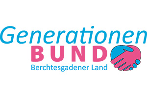 Das Logo zeigt den Schriftzug GenerationenBUND Berchtesgadener Land mit einer blauen und pinken Hand, die sich umfassen.