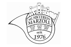 Ein Logo mit einer Burg, dem Text „Musikverein Marzoll seit 1976“ und einem gezeichneten Blasinstrument im Hintergrund.