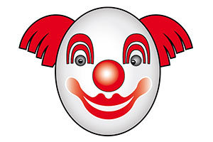 Ein weißes Clownsgesicht mit rotem Haar, roter Nase, roten Lippen und roten Augenbrauen auf weißem Hintergrund.
