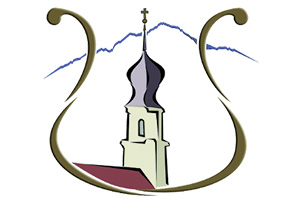 Illustration eines Kirchturms mit Zwiebelturm, einem roten Dach, braunen Schwunglinien und blauen Bergen im Hintergrund.