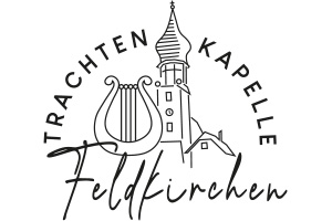 Schwarzes Logo mit der Aufschrift „Trachtenkapelle Feldkirchen“, einer gezeichneten Kirche und einer stilisierten Harfe.