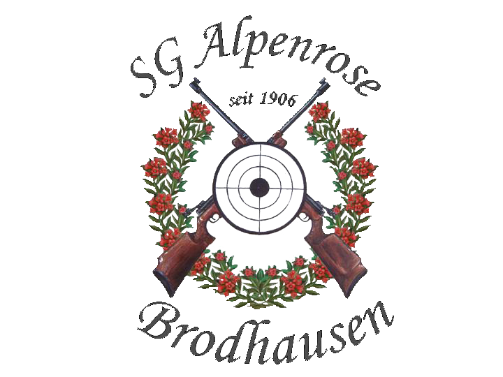 Zwei gekreuzte Gewehre vor einer Zielscheibe, umrahmt von roten Blumen, mit den Schriftzügen „SG Alpenrose seit 1906 Brodhausen“.