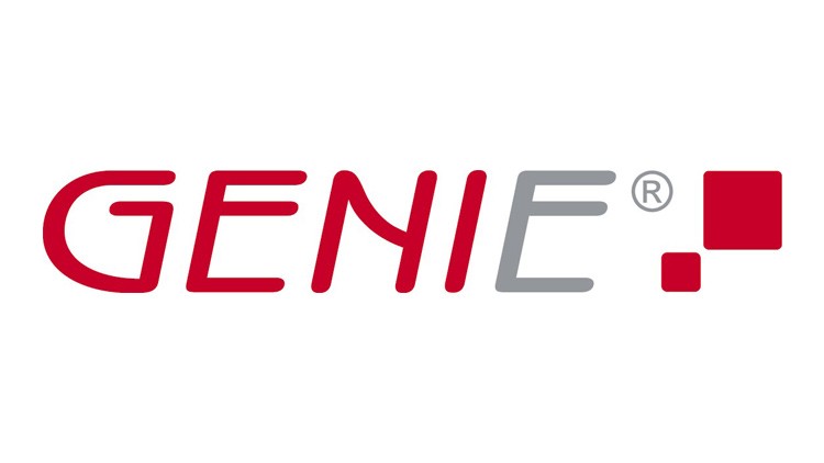 Rotes Wort „GENIE“ mit grauem Buchstaben „E“ und Registrierungszeichen, daneben zwei rote Quadrate unterschiedlicher Größe.