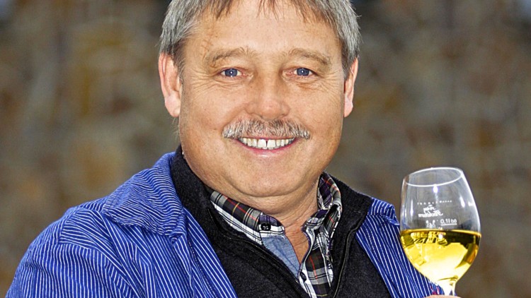 Person in blau-weiß gestreifter Kleidung hält ein Glas mit weißem Wein vor einem unscharfen, natürlichen Hintergrund.