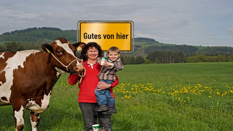 Braun-weiß gefleckte Kuh mit Halfter, eine Person mit Kind und Milchtopf vor einer Wiese und einem Schild mit „Gutes von hier“.