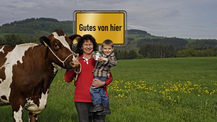 Braun-weiß gefleckte Kuh auf grüner Wiese, gelbes Schild mit schwarzer Schrift „Gutes von hier“ im Hintergrund.