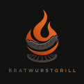 Ein orangefarbenes Flammensymbol mit einer Bratwurst auf einem grauen Grillrost, darunter der Text „BRATWURSTGRILL“.