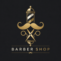 Goldenes Logo eines Barber Shops mit einer Schere, einem Schnurrbart, einer Rasierklinge und einer gestreiften Säule.