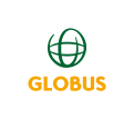 Grünes Globus-Symbol mit Gitterlinien über dem orangefarbenen Schriftzug GLOBUS auf weißem Hintergrund.