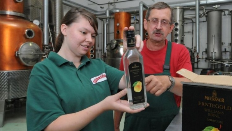 Person hält eine Flasche Williamsbirnen-Schnaps der Marke Meraner Erntegold vor einer Brennerei-Ausstattung.