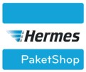 Logo des Hermes PaketShops mit blauem Hintergrund, schwarzem Hermes-Schriftzug und weißer Aufschrift „PaketShop“ darunter.