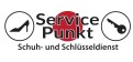 Logo mit rotem Kreis, dem Text „Service Punkt Schuh- und Schlüsseldienst“ und Symbolen eines Schuhs und eines Schlüssels.