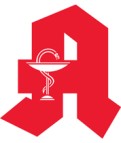 Rotes Apotheken-Logo mit weißer Schale und Schlange auf weißem Hintergrund.