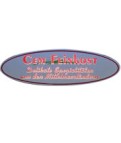 Rotes Logo mit Text „Cem Feinkost, Delikatessen Spezialitäten aus dem Mittelmeerraum“ auf grauem Hintergrund in ovaler Form.