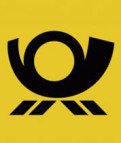 Schwarzes Posthorn-Symbol auf gelbem Hintergrund mit drei schwarzen Streifen darunter.