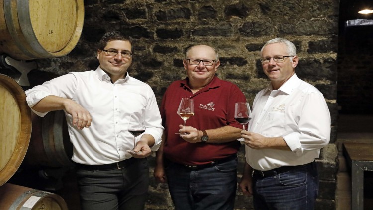 Drei Personen in Hemden stehen in einem Weinkeller vor Holzfässern und halten Gläser mit Rot- und Weißwein in der Hand.