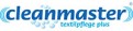 Cleanmaster-Logo in blauer Schrift mit Wellenlinien und Seifenblasen, darunter der Schriftzug „textilpflege plus“.