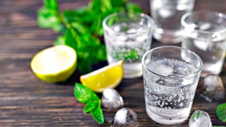 Mehrere Gläser mit Sprudelwasser, Eiswürfeln, halben Limetten und frischen Minzblättern auf dunklem Holzuntergrund.