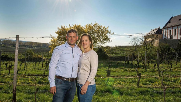 Zwei Personen stehen vor einem sonnigen Weinberg mit Holzpfählen, grünem Gras und einem Gebäude im Hintergrund.