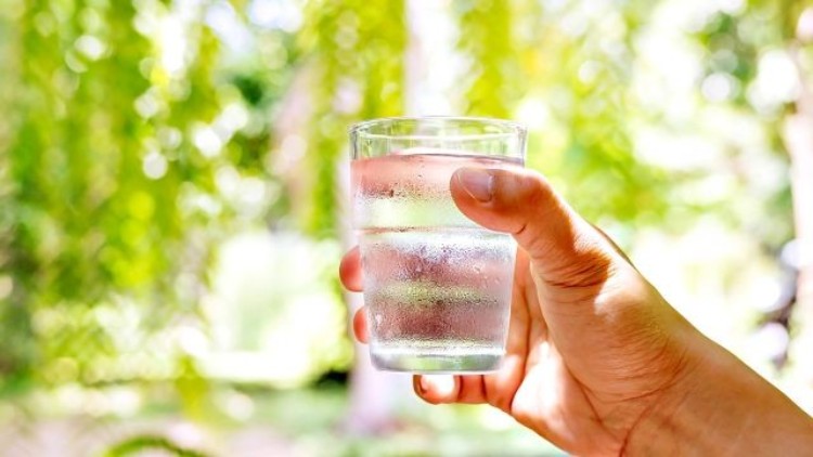 Eine Hand hält ein Glas mit klarem Wasser, das von Kondenswassertropfen bedeckt ist, vor einem grünen, verschwommenen Hintergrund.