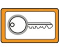 Illustration eines Schlüssels in einem rechteckigen Rahmen mit orangefarbenem Rand und weißem Hintergrund.