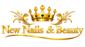 Goldene Krone mit floralen Ornamenten über dem Schriftzug „New Nails & Beauty“, Schrift goldfarben mit rotem Hintergrund.
