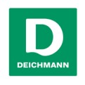 Weißer Großbuchstabe D auf grünem Hintergrund, darunter steht in Versalien der Schriftzug DEICHMANN in Weiß.