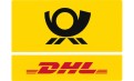 Oben schwarzes Logo der Deutschen Post, unten roter DHL-Schriftzug mit Linien auf gelbem Hintergrund.