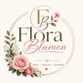 Logo mit Blumenkranz, Text: „FB Flora Blumen Frisch, liebevoll, besonders“ in grüner und rosafarbener Schrift, helles Design.