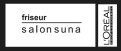 Schwarzer Text „friseur salon suna“ auf weißem Hintergrund, rechts vertikale Aufschrift „L'ORÉAL PARIS PROFESSIONNEL“.