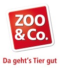 Rotes Logo mit weißem Text ZOO & Co., darunter steht in roter Schrift der Slogan Da geht’s Tier gut.