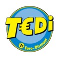 Ein blau-gelbes Logo mit gelbem „TEDi“-Schriftzug, Euro-Symbol als „E“, blauem Hintergrund und Schrift „1€ Euro-Discount“.